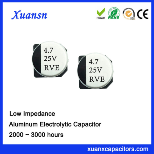 High frequency Low impedance 47uf 25v SMD  electrolytic capacitor is available for high density surface mounting and reflow soldring, and it has high stability and reliability. 