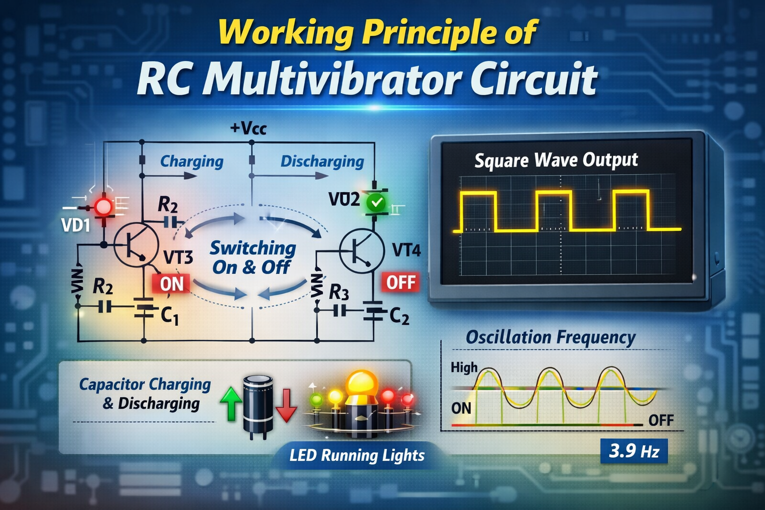 Working principle of RC multivibrator circuit