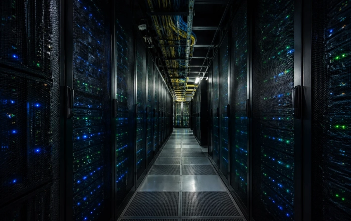 AI server power demand - rows of server racks in a data center