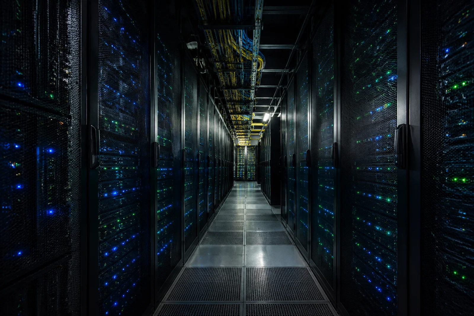 AI server power demand - rows of server racks in a data center