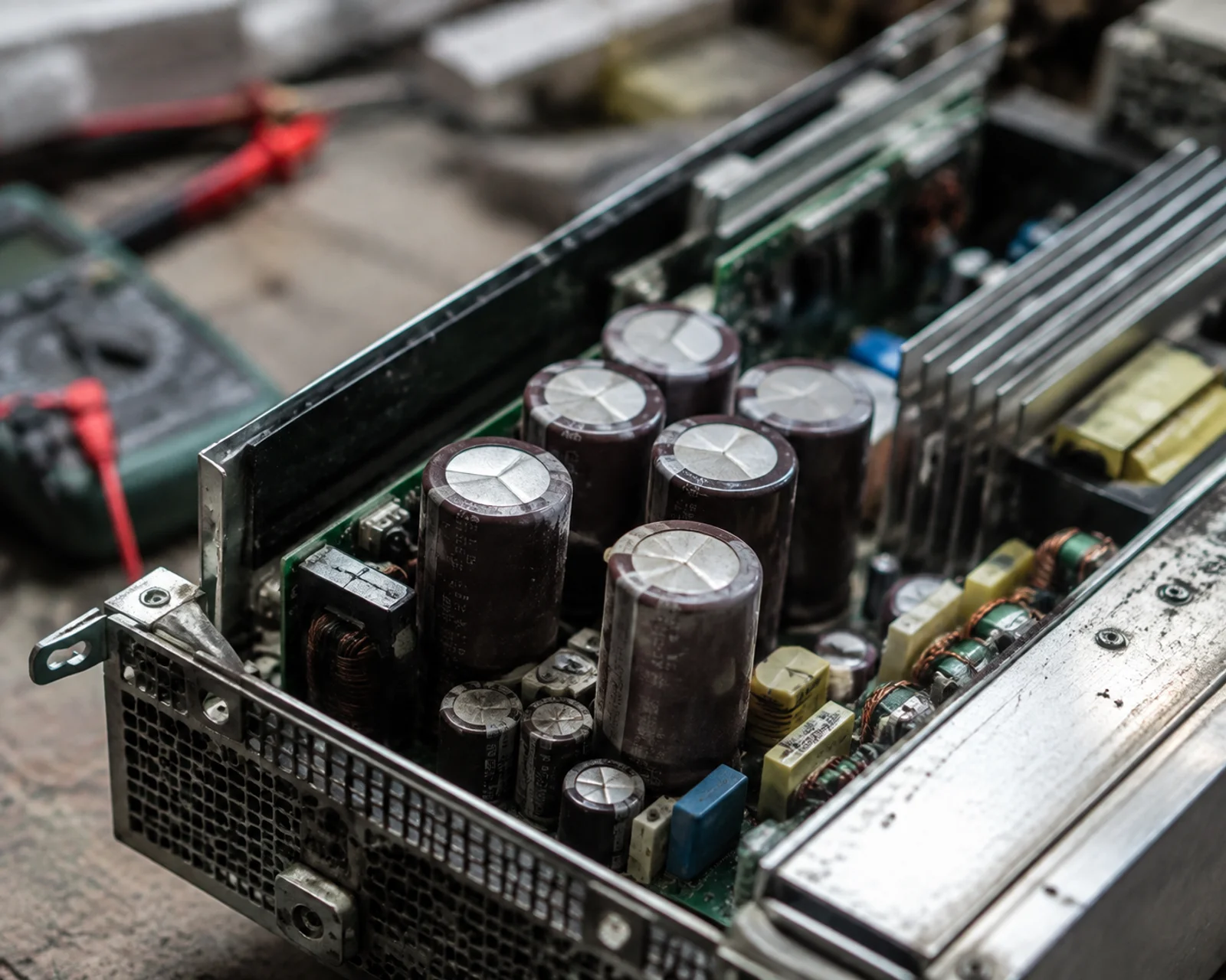 capacitors in a server power supply - aluminum electrolytic capacitors on a PSU board