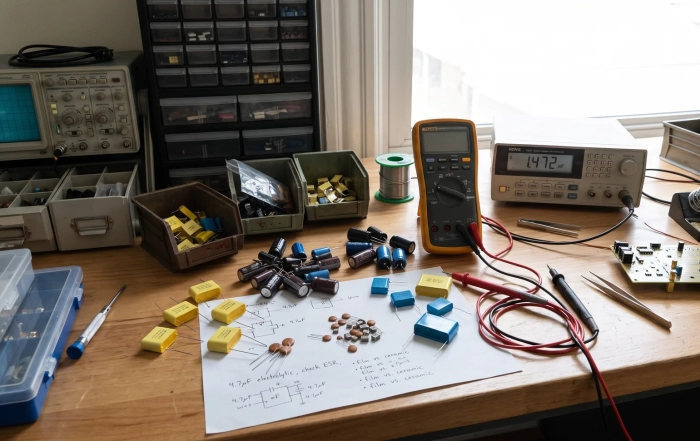 how to choose a capacitor - engineer selecting capacitor types with multimeter at workbench