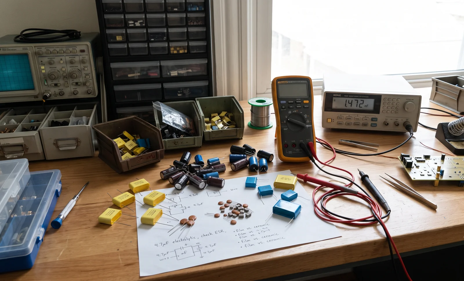 how to choose a capacitor - engineer selecting capacitor types with multimeter at workbench