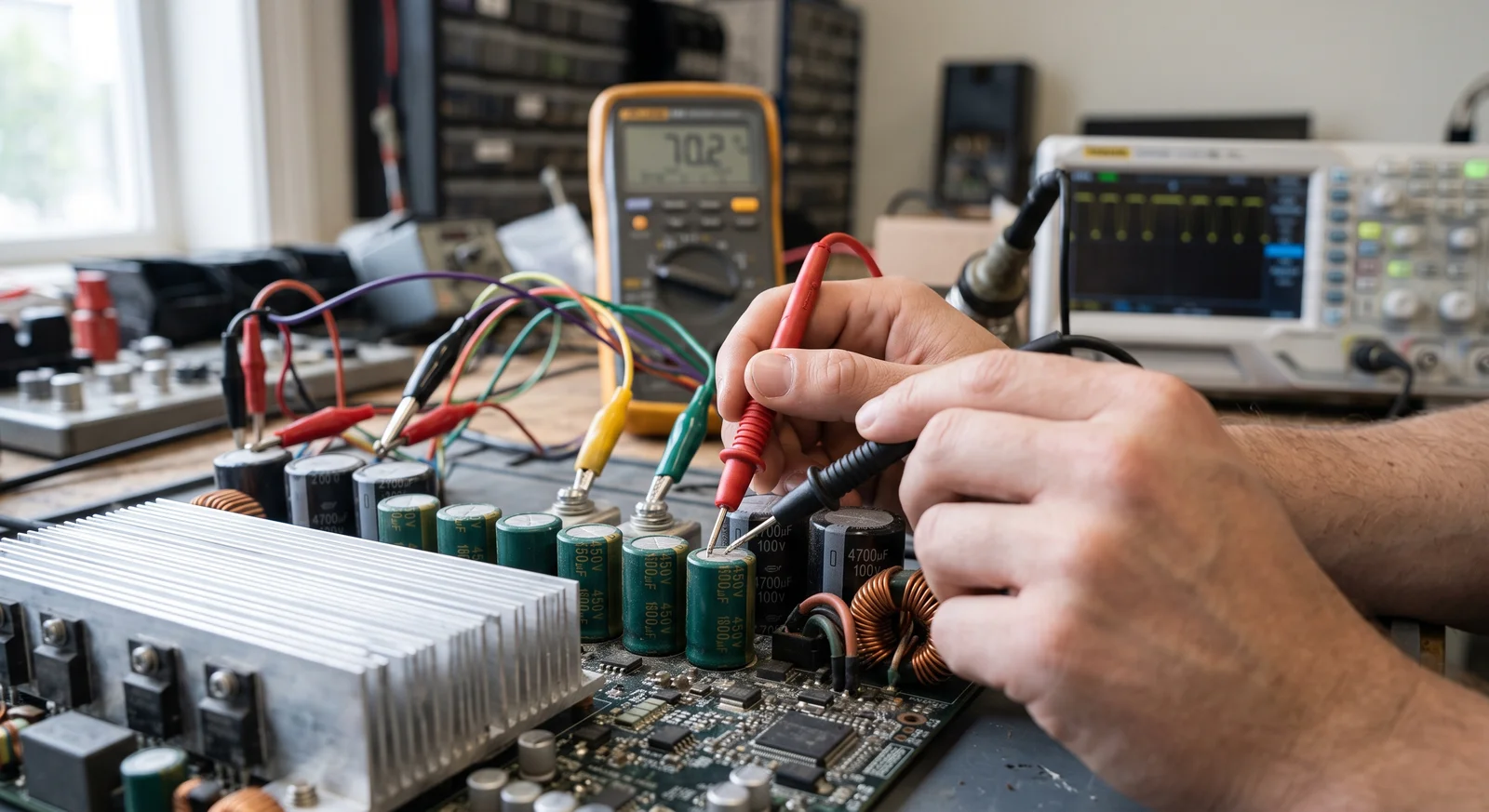 capacitor in switching power supply - engineer testing capacitors on a PSU board