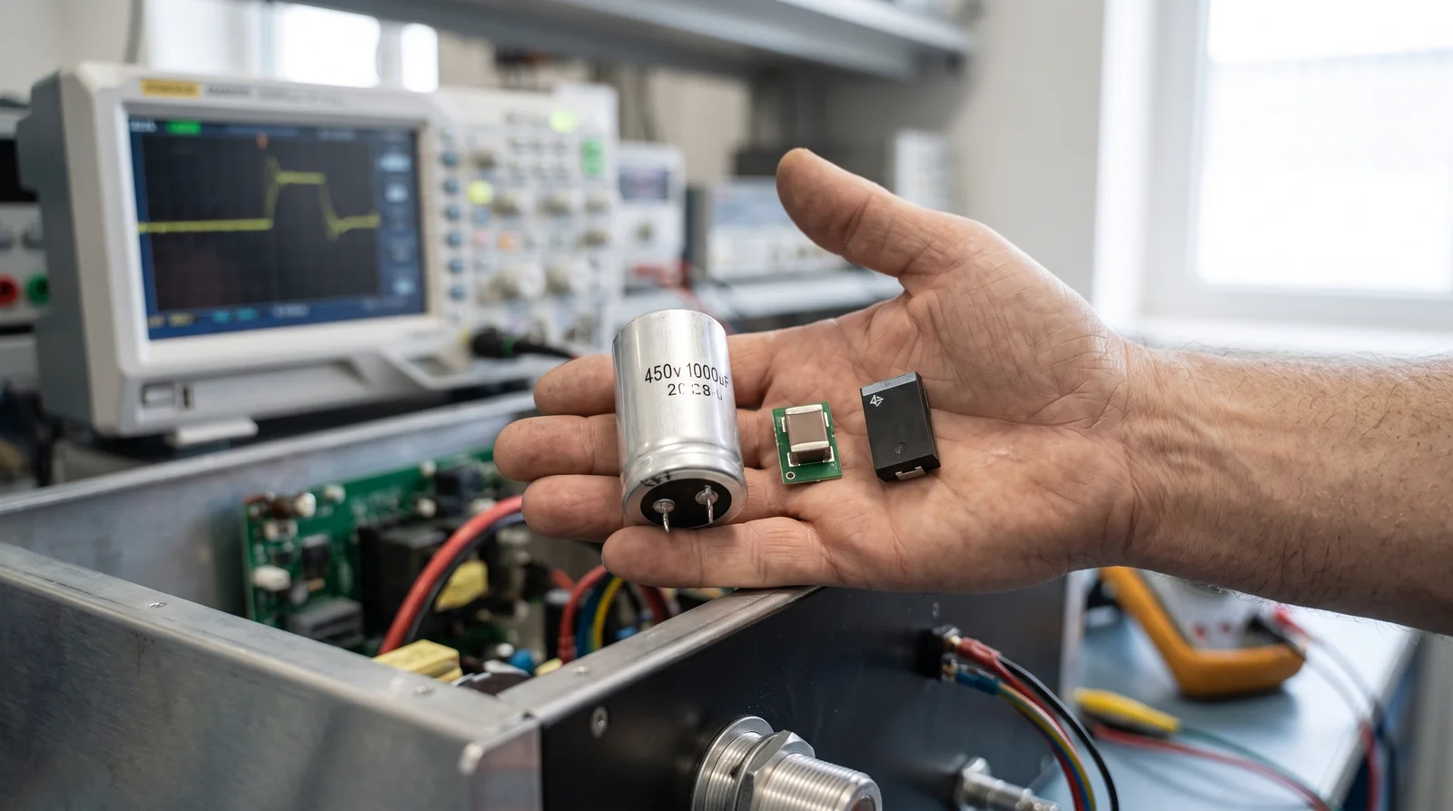 ai server power supply capacitor types - engineer comparing high-voltage electrolytic, MLCC and polymer capacitors