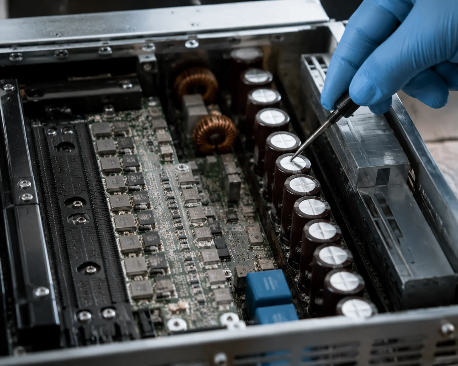 capacitors for ai server power supply - bulk aluminum electrolytic capacitors on an AI server PSU board
