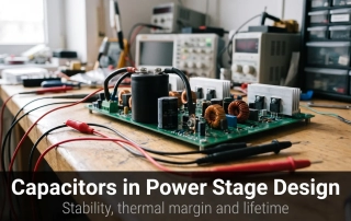 capacitors in a switching power supply - black screw-terminal electrolytic capacitor on a power stage board with inductors and heat sinks