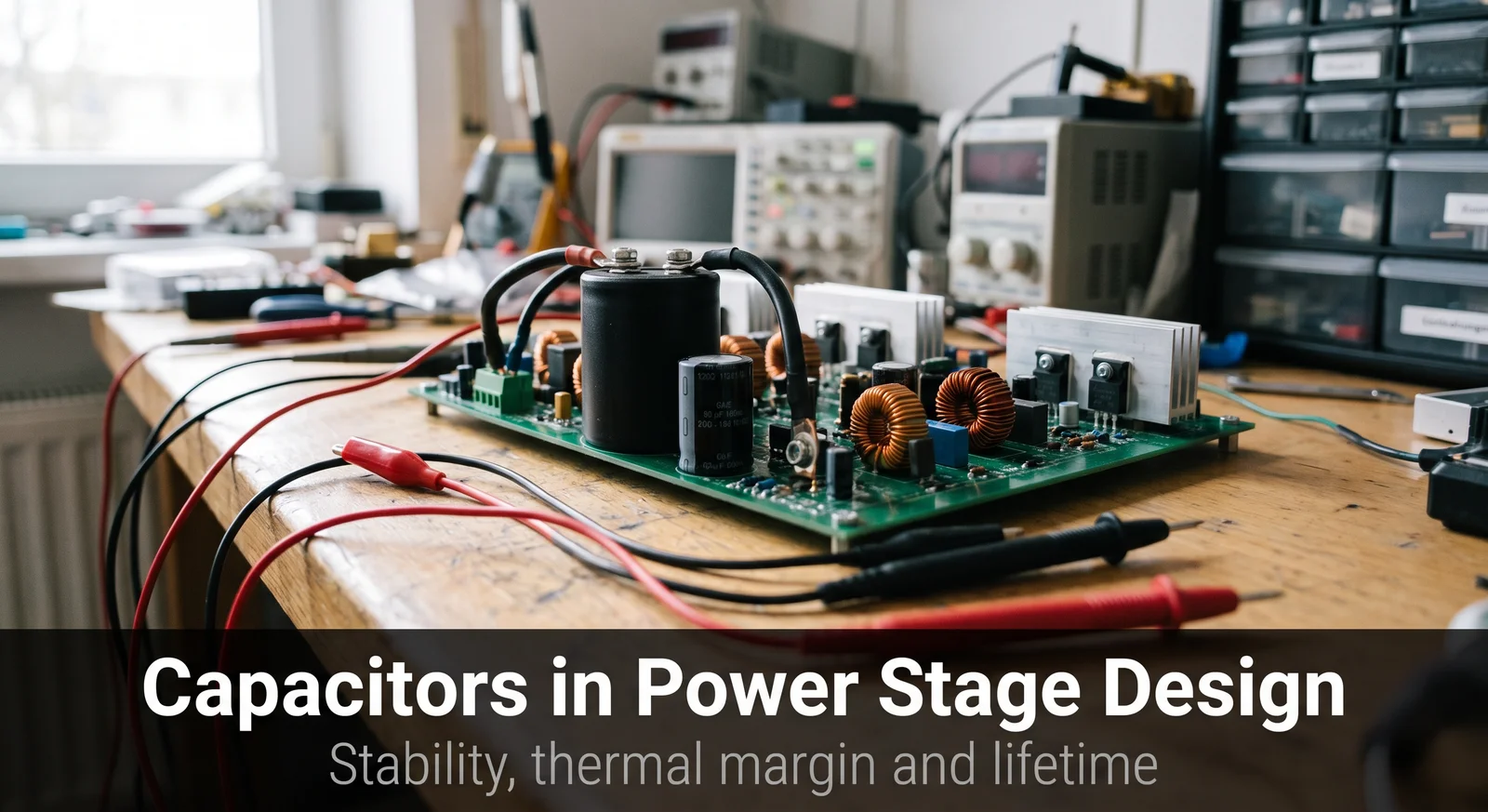 capacitors in a switching power supply - black screw-terminal electrolytic capacitor on a power stage board with inductors and heat sinks
