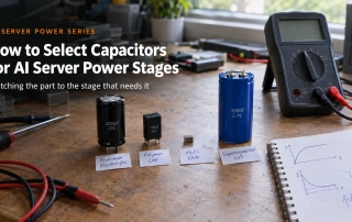 how to select capacitors for AI server power stages - aluminum electrolytic, polymer, MLCC and supercapacitor cells on a test bench
