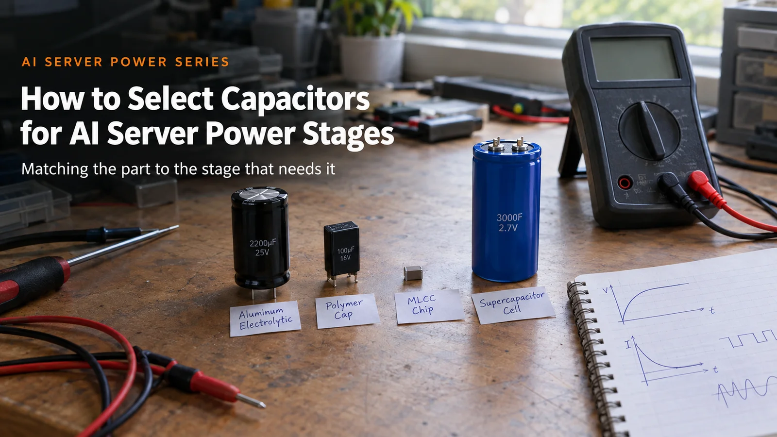 how to select capacitors for AI server power stages - aluminum electrolytic, polymer, MLCC and supercapacitor cells on a test bench