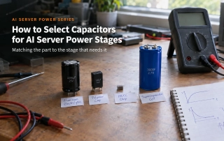 how to select capacitors for AI server power stages - aluminium electrolytic, polymer, MLCC and supercapacitor samples labelled on a workbench