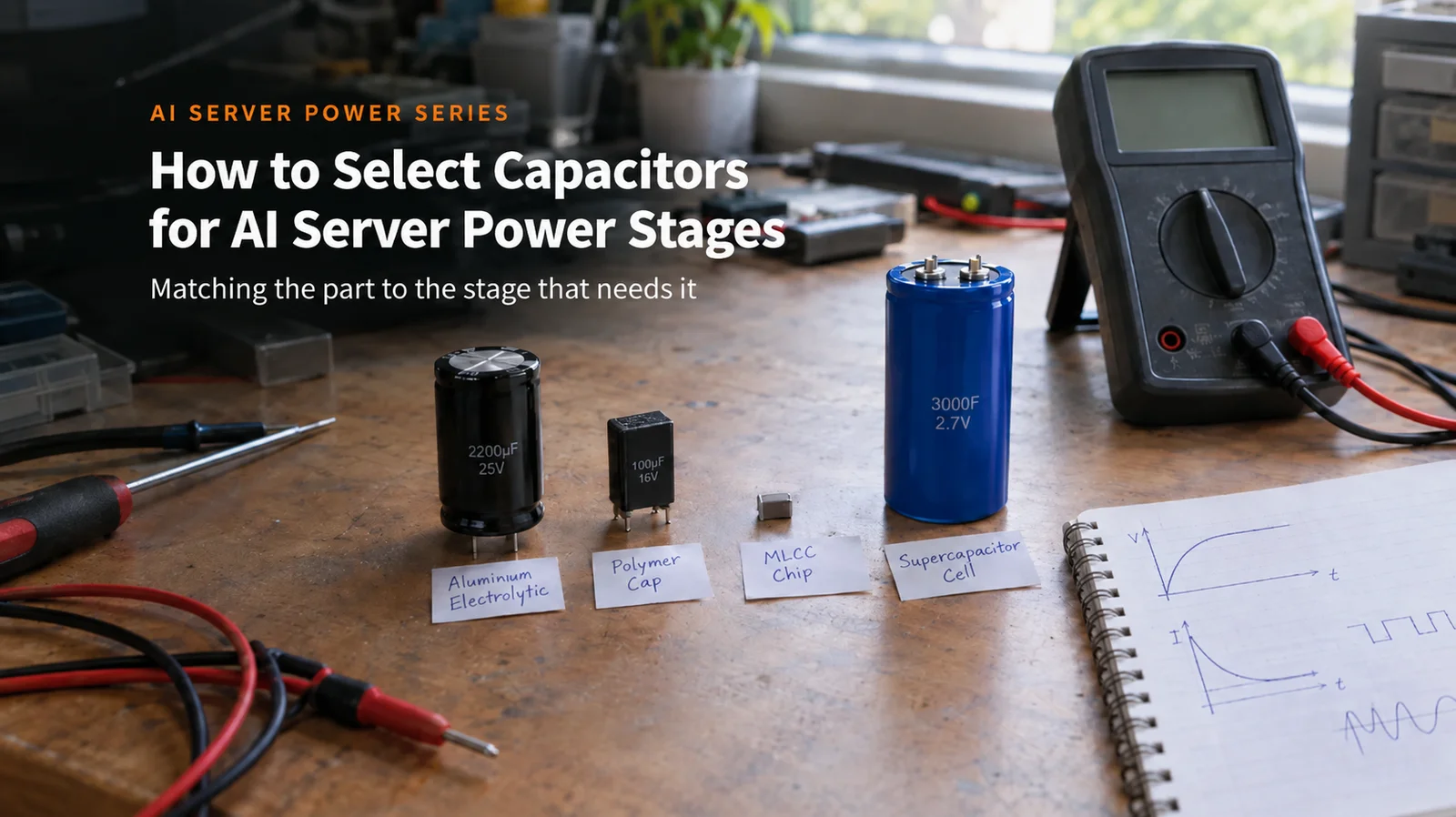 how to select capacitors for AI server power stages - aluminium electrolytic, polymer, MLCC and supercapacitor samples labelled on a workbench