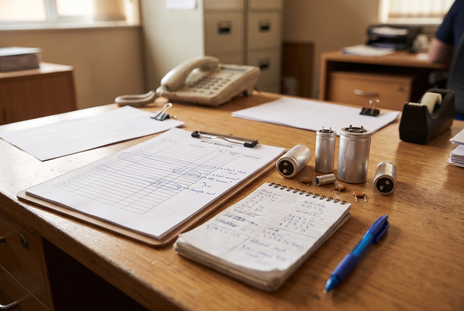 capacitor lead time - procurement engineer marking up a bill of materials beside capacitor samples