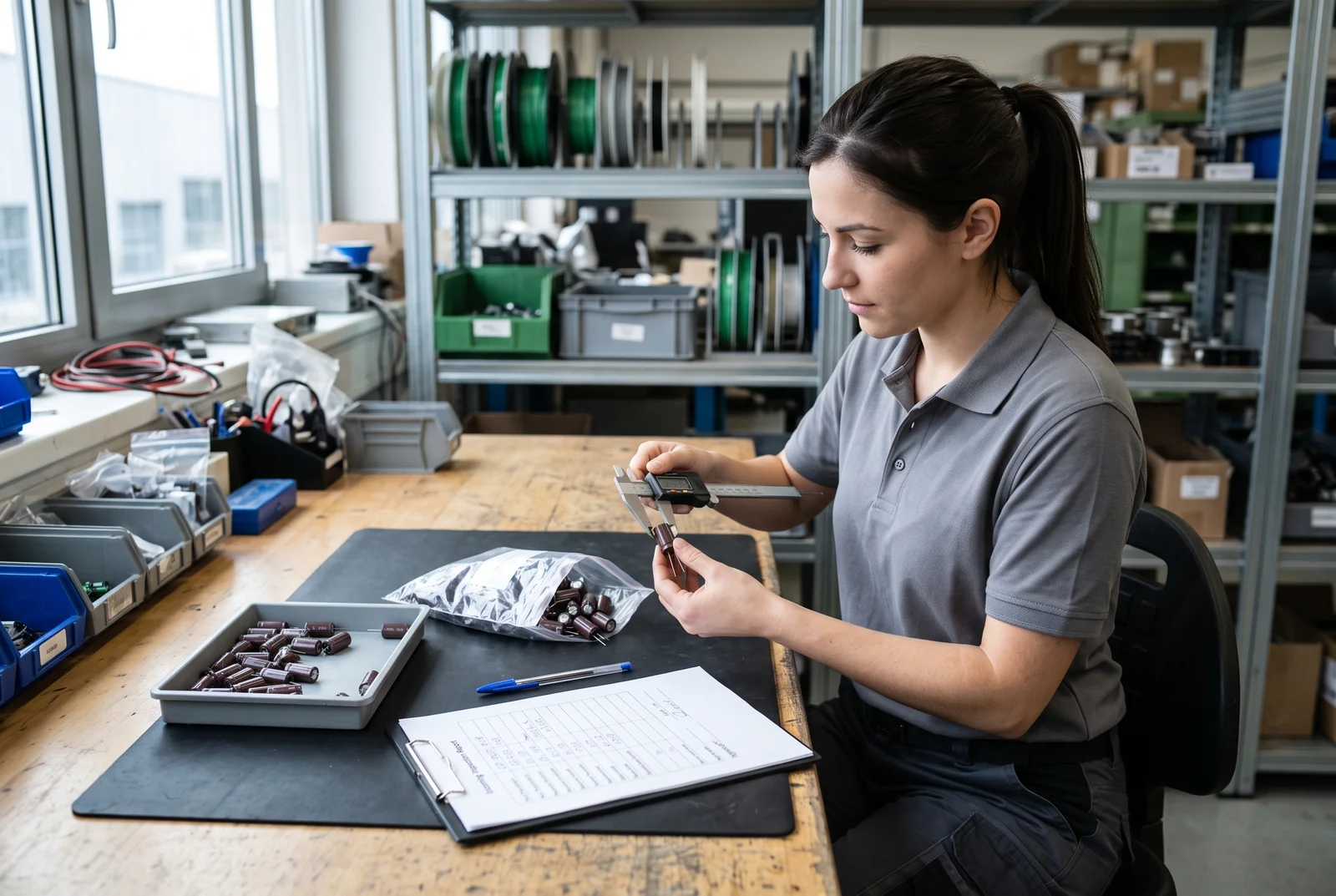 capacitor lead time - quality engineer measuring an incoming aluminum electrolytic capacitor with digital calipers