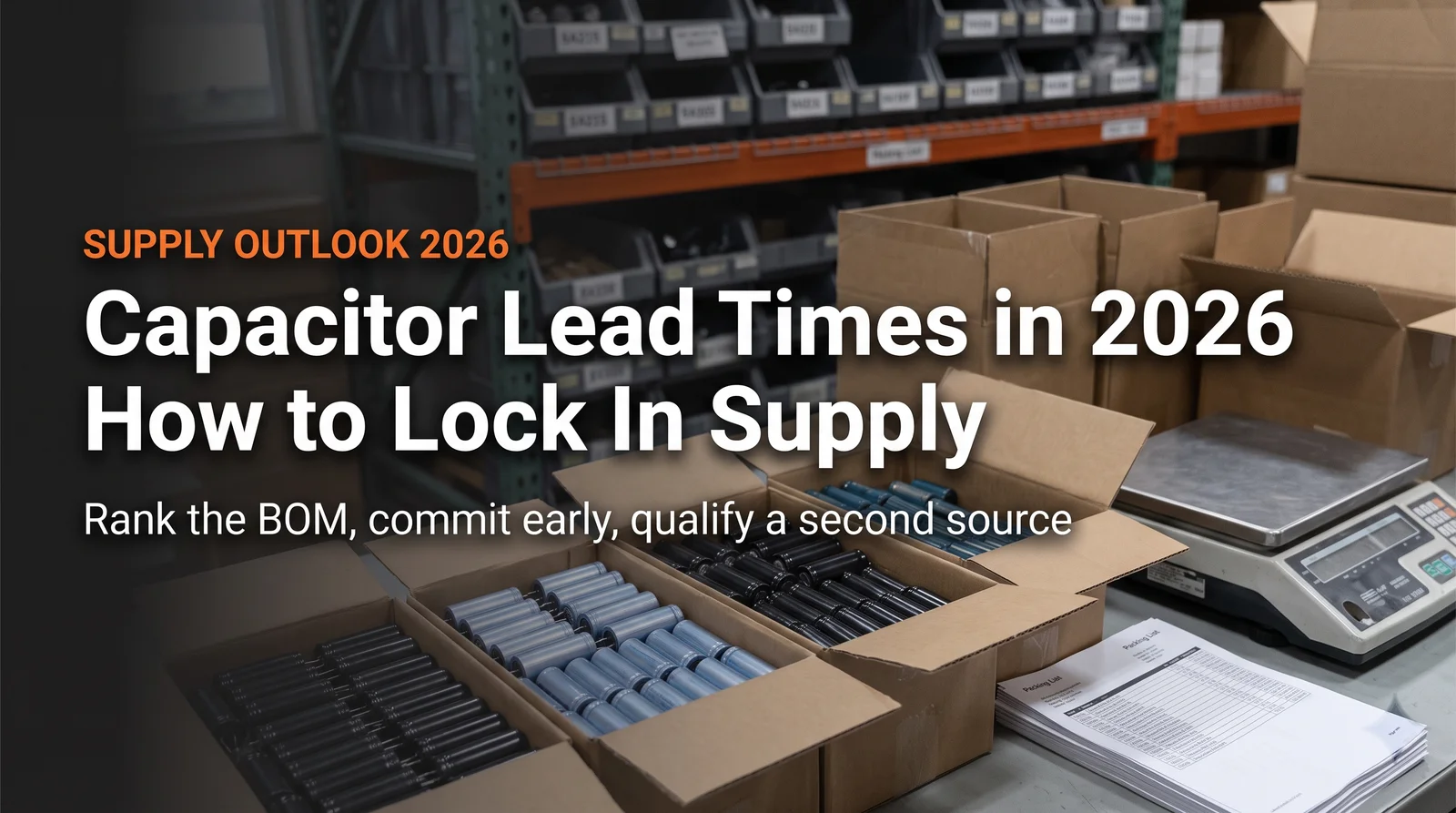 capacitor lead times in 2026 - warehouse cartons of capacitors staged for shipment