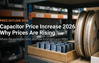 capacitor price increase 2026 - blue sleeved aluminum electrolytic capacitors in a wooden tray beside MLCC carrier tape reels