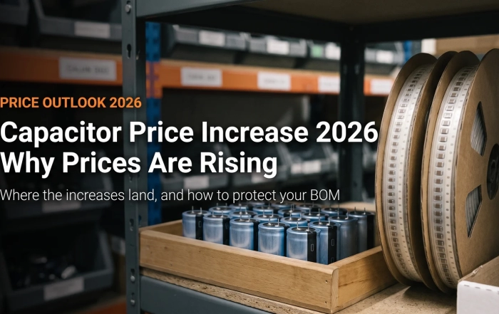 capacitor price increase 2026 - blue sleeved aluminum electrolytic capacitors in a wooden tray beside MLCC carrier tape reels