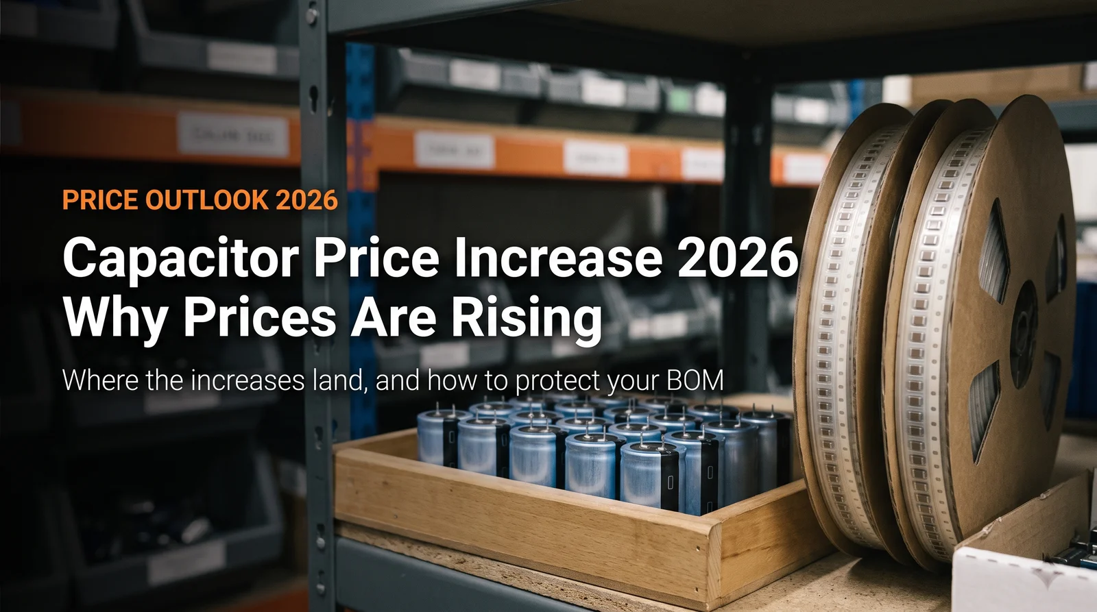 capacitor price increase 2026 - blue sleeved aluminum electrolytic capacitors in a wooden tray beside MLCC carrier tape reels
