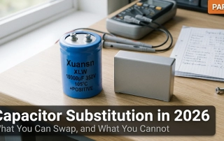 capacitor substitution in 2026 - screw-terminal aluminum electrolytic and film capacitor side by side for comparison