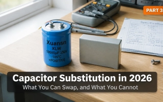 capacitor substitution in 2026 - screw-terminal aluminum electrolytic capacitor and film capacitor side by side on a workbench for comparison