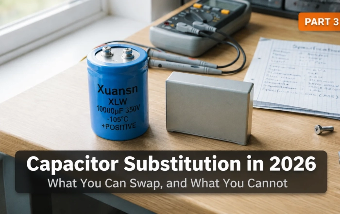 capacitor substitution in 2026 - screw-terminal aluminum electrolytic capacitor and film capacitor side by side on a workbench for comparison