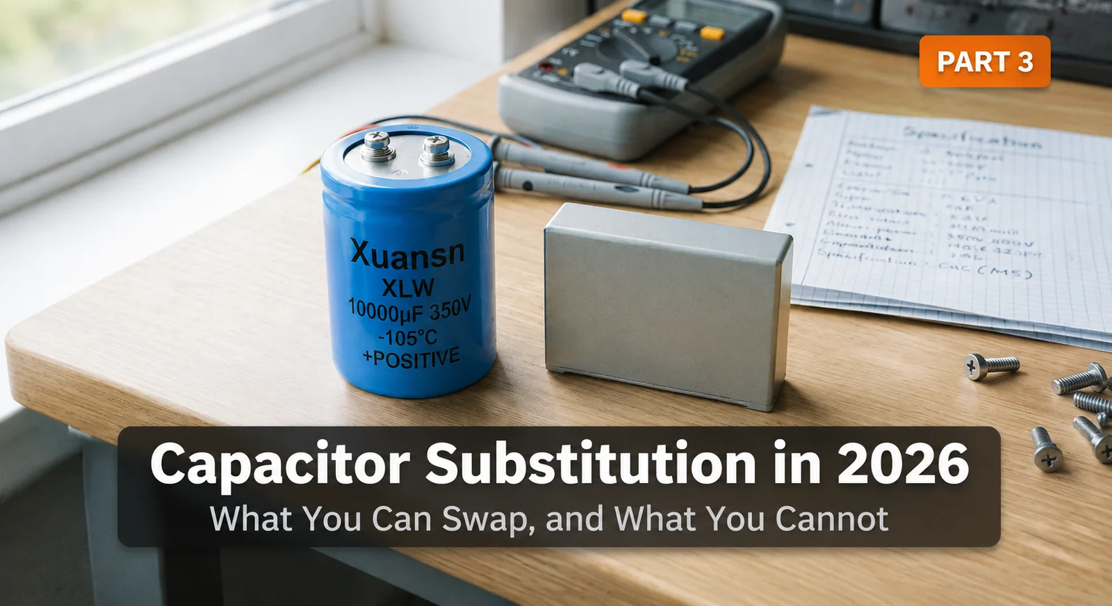 capacitor substitution in 2026 - screw-terminal aluminum electrolytic capacitor and film capacitor side by side on a workbench for comparison