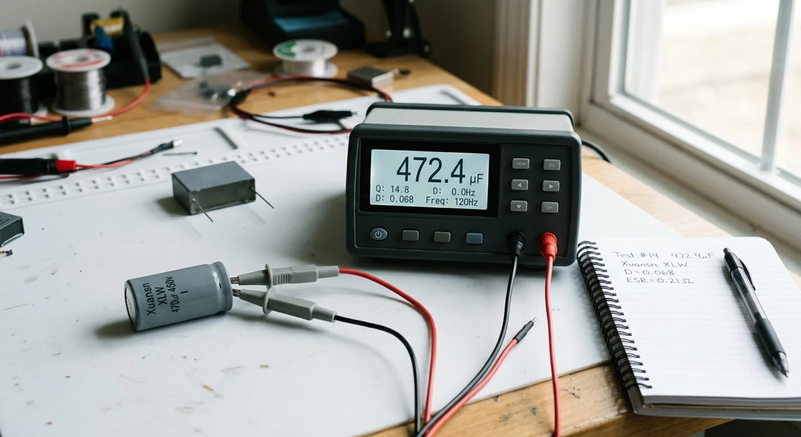 how to qualify a capacitor substitute - LCR meter measuring capacitance and ESR of an aluminum electrolytic capacitor