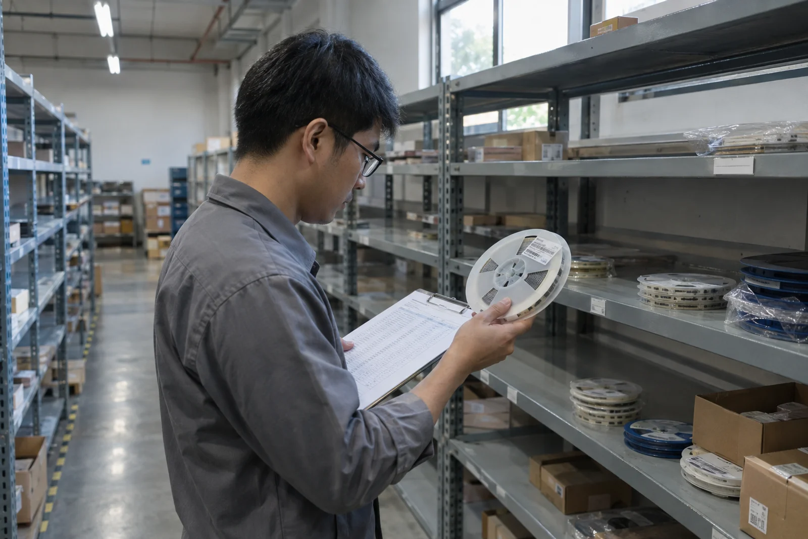 capacitor price increase - procurement engineer checking MLCC reel stock in a distribution warehouse