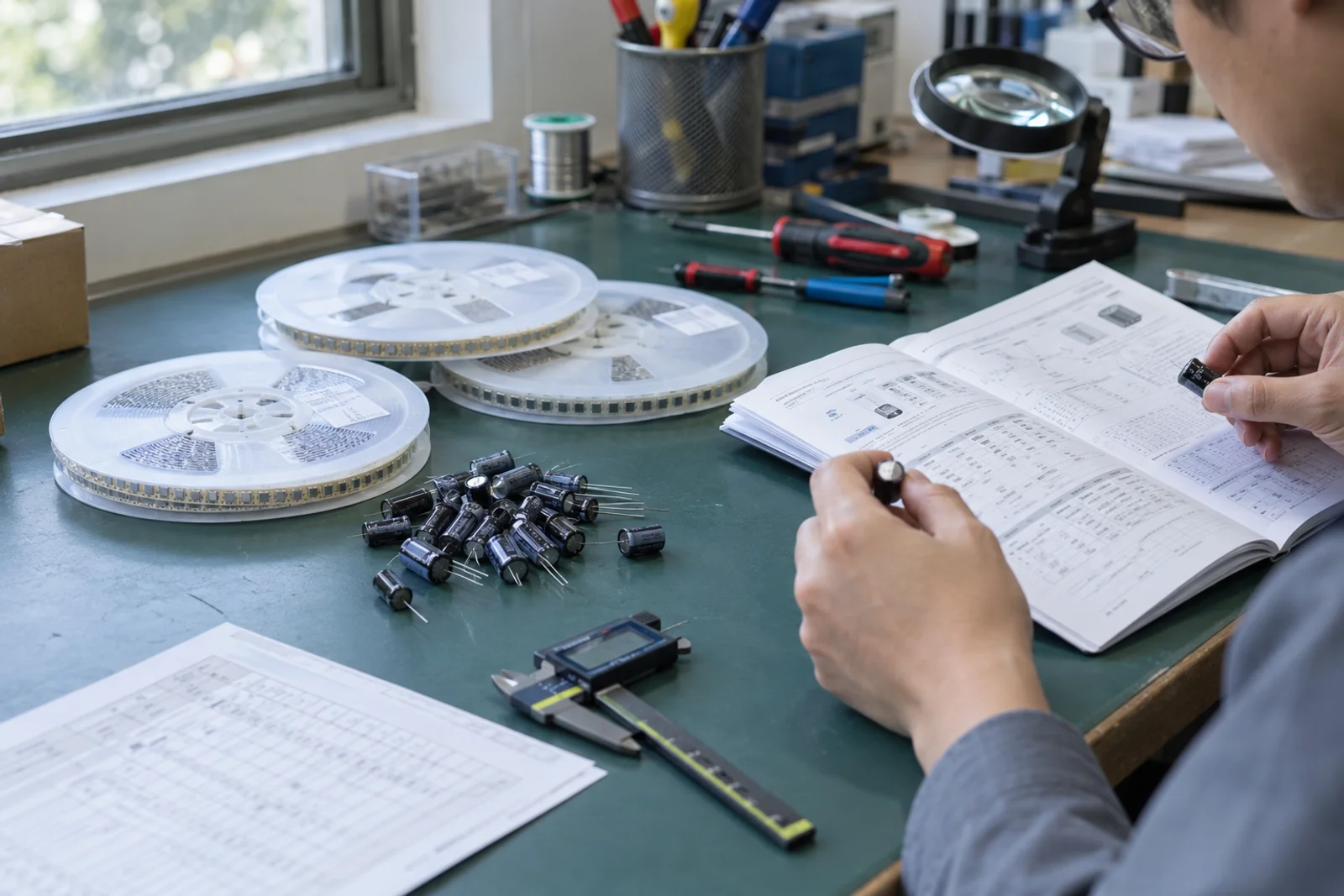capacitor price increase - MLCC reels and aluminum electrolytic capacitors on an engineer workbench with a supplier quote