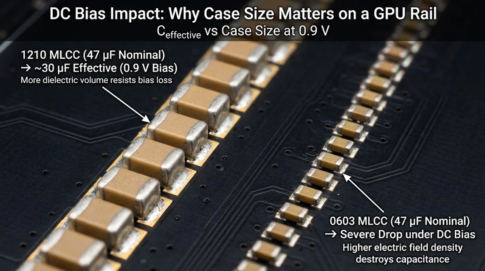 gpu vrm decoupling - 1210 and 0603 MLCC arrays showing capacitance loss from DC bias on a 0.9 V rail