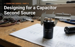 capacitor second source - engineer measuring snap-in capacitor lead pitch with a caliper on a design drawing