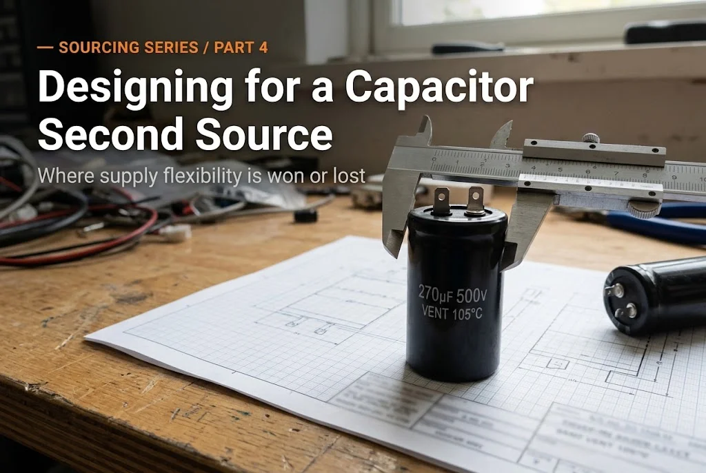capacitor second source - engineer measuring snap-in capacitor lead pitch with a caliper on a design drawing
