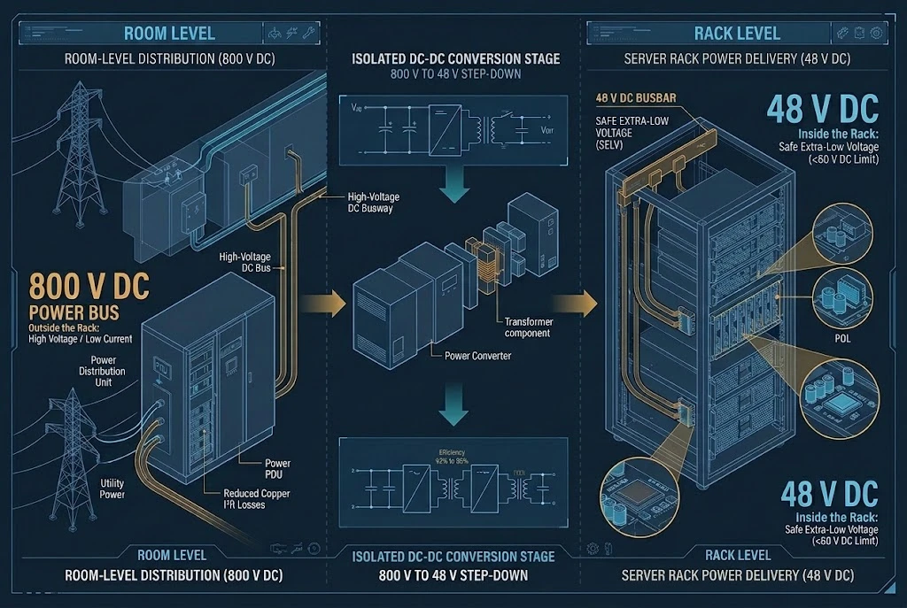 Three-stage data center power path: room level 800 V DC distribution, isolated DC-DC conversion, and 48 V DC rack delivery