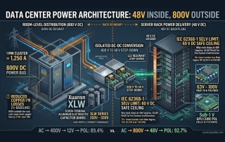 Data center power architecture diagram showing 800 V DC room distribution stepping down to a 48 V DC server rack bus