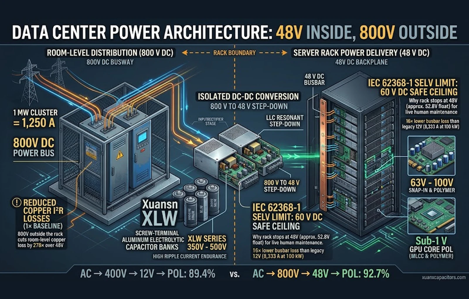 Data center power architecture diagram showing 800 V DC room distribution stepping down to a 48 V DC server rack bus