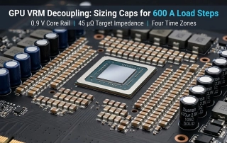 gpu vrm decoupling - GPU core rail with MLCC array, solid capacitors and bulk electrolytics on an accelerator board
