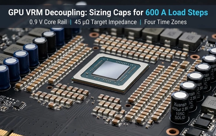 gpu vrm decoupling - GPU core rail with MLCC array, solid capacitors and bulk electrolytics on an accelerator board