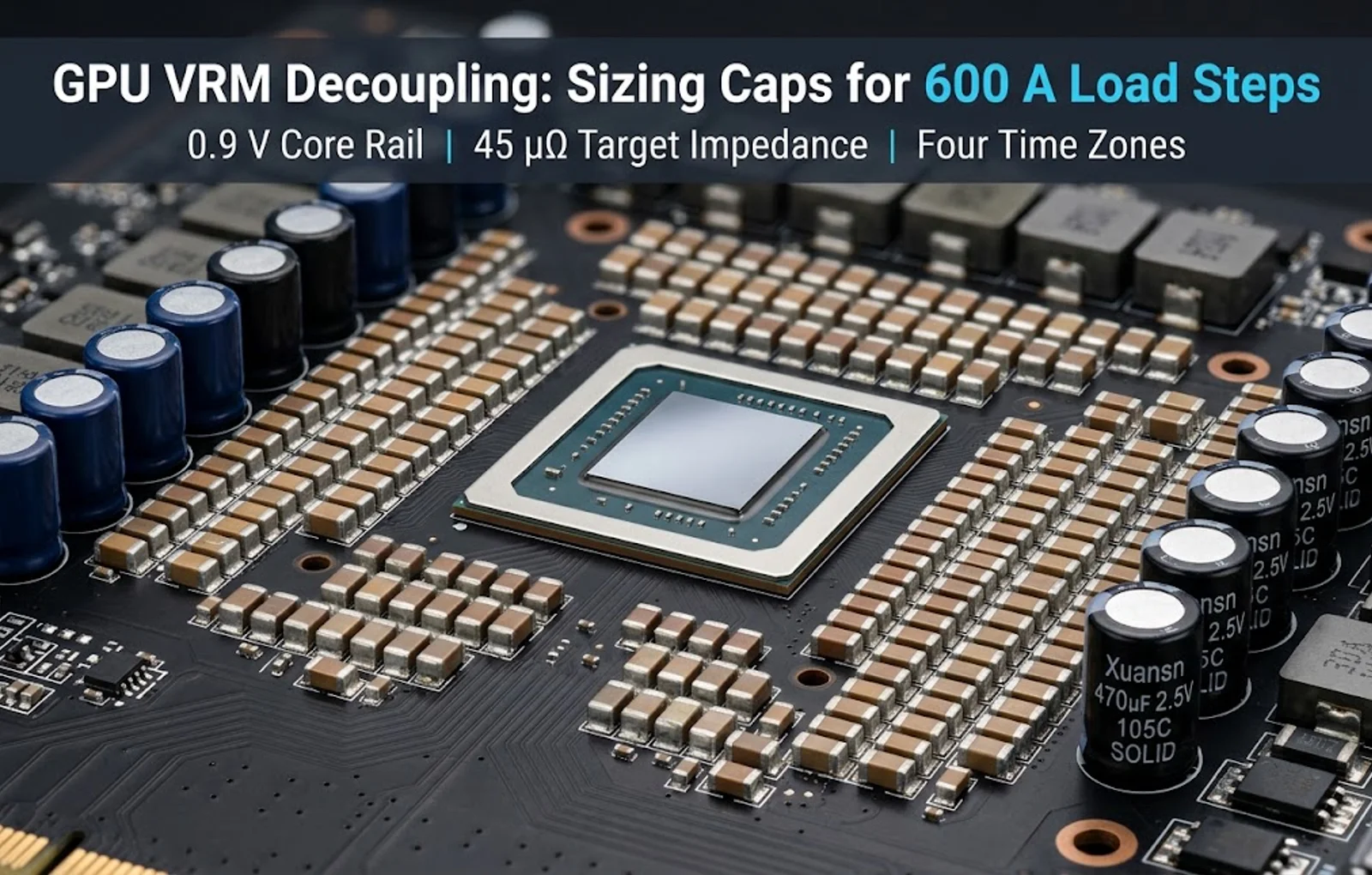 gpu vrm decoupling - GPU core rail with MLCC array, solid capacitors and bulk electrolytics on an accelerator board