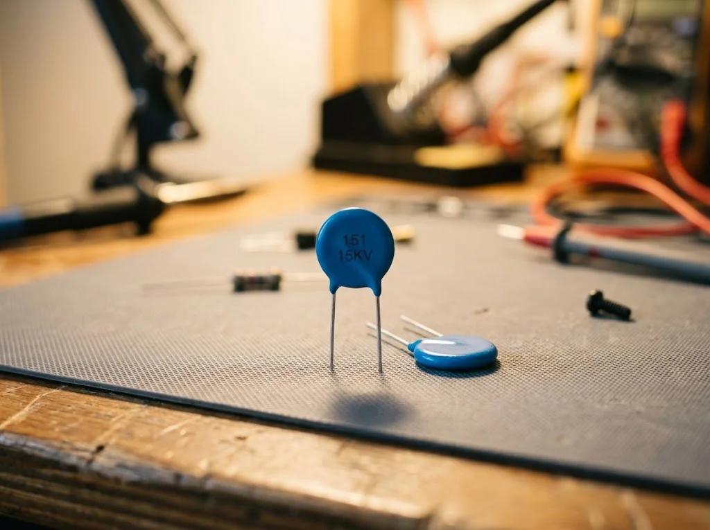 high voltage ceramic capacitor - close up of a blue disc capacitor marked 151 15KV on an antistatic mat