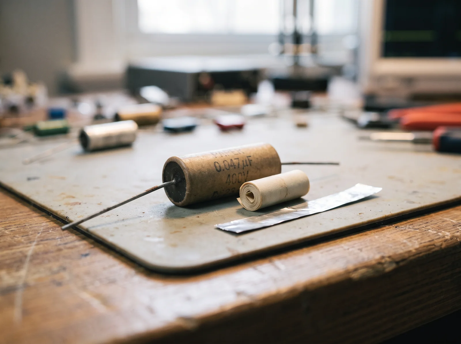 paper capacitor construction - old cylindrical paper capacitor beside capacitor paper and aluminium foil