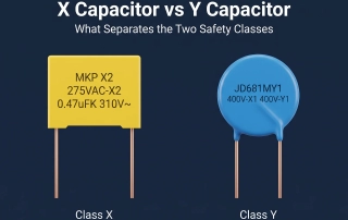 X capacitor vs Y capacitor comparison - yellow box X2 safety capacitor and blue disc Y safety capacitor, the difference between the two classes